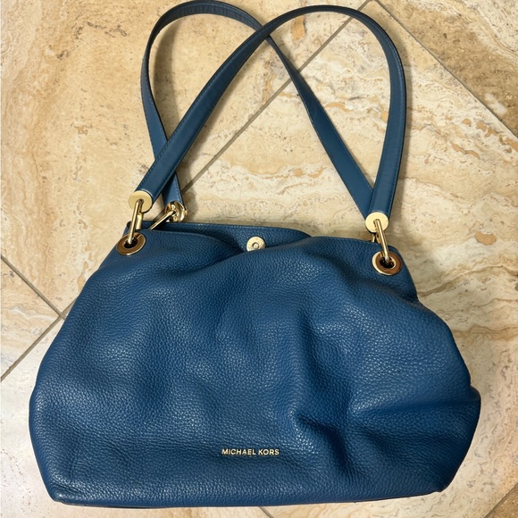 Michael Kors MK Fulton Womens BLUE Gold Soft Leather Bag Tote Hobo Large Purse - Picture 1 of 4
